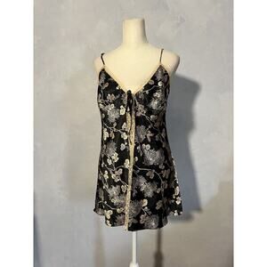 Victoria's Secret Black Gold Tie Lingerie Floral Lace Satin Nighty